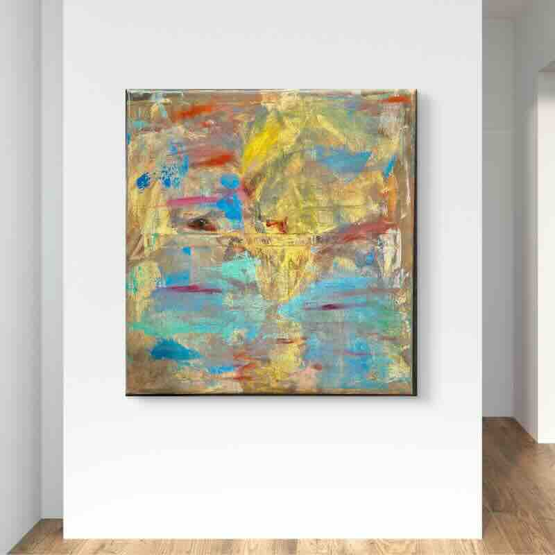 Golden Silence abstract painting 70x70 cm oil and acrylic on canvas by Vicky Sgourelli